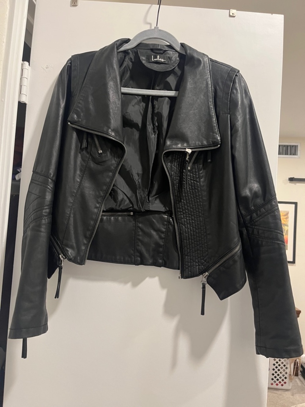 Lulu's Black Faux Leather Cropped Moto Jacket with Quilted Paneling